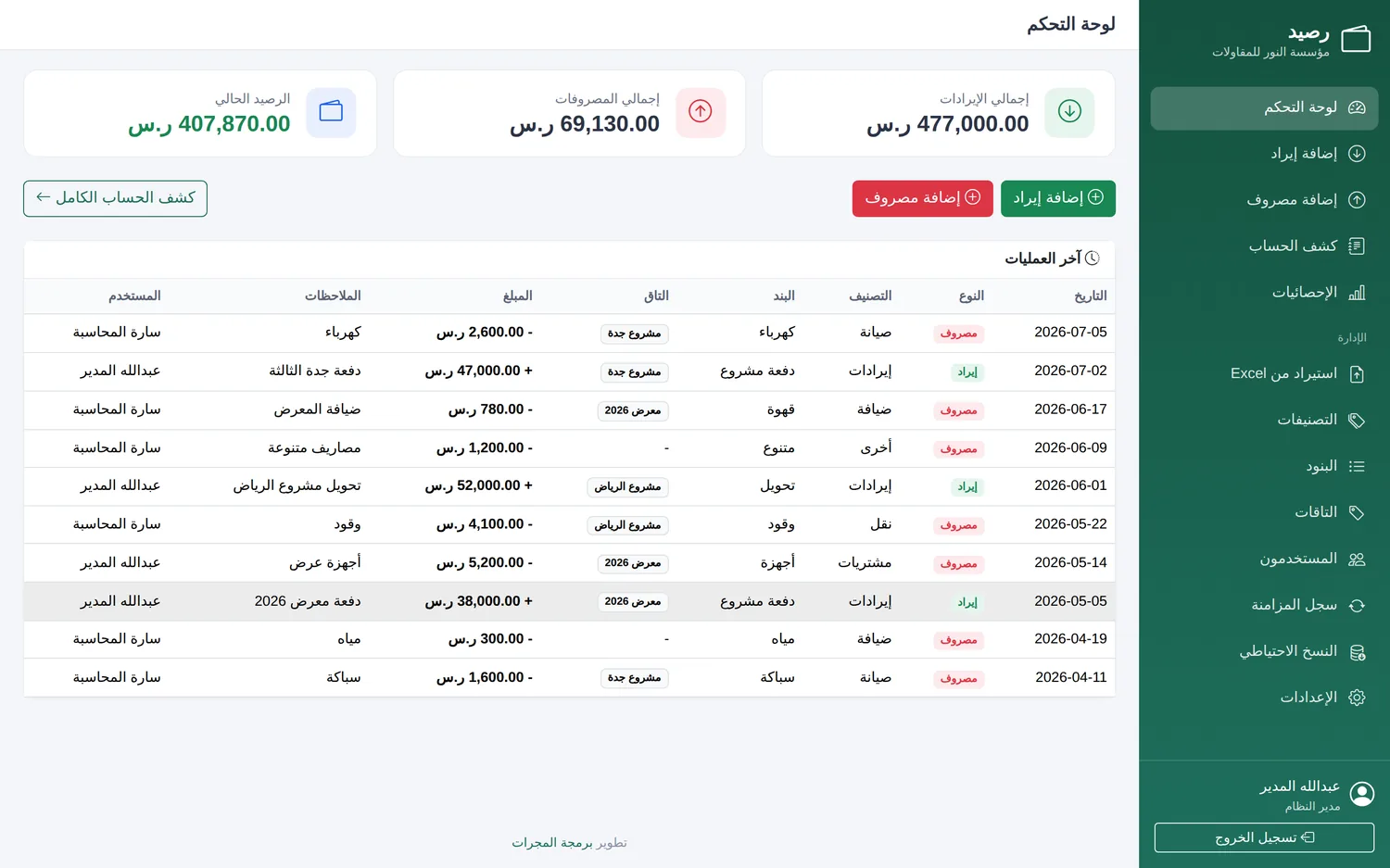 نظام رصيد لإدارة الاإيرادات والمصروفات